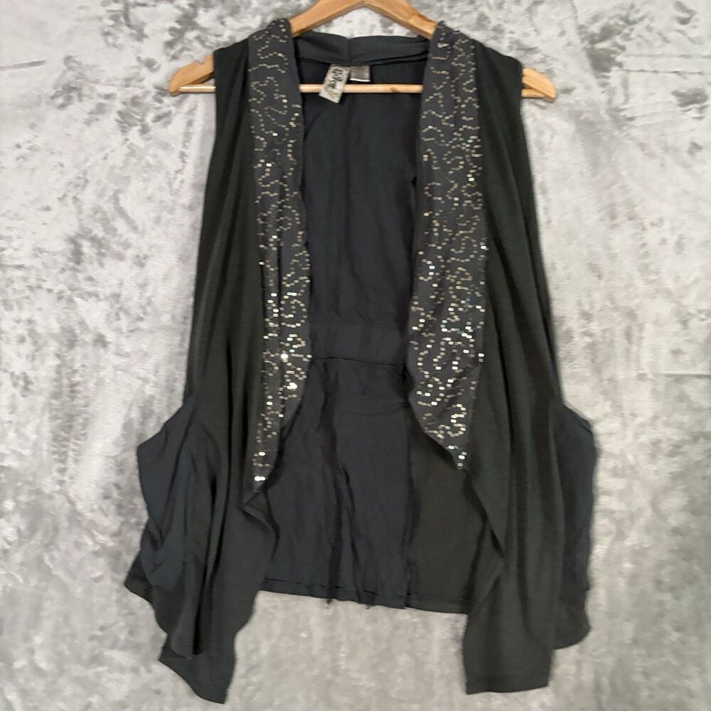 l8ter Women’s Sleeveless Open Front Vest Cardigan Gray Sequins Metallic Y2K